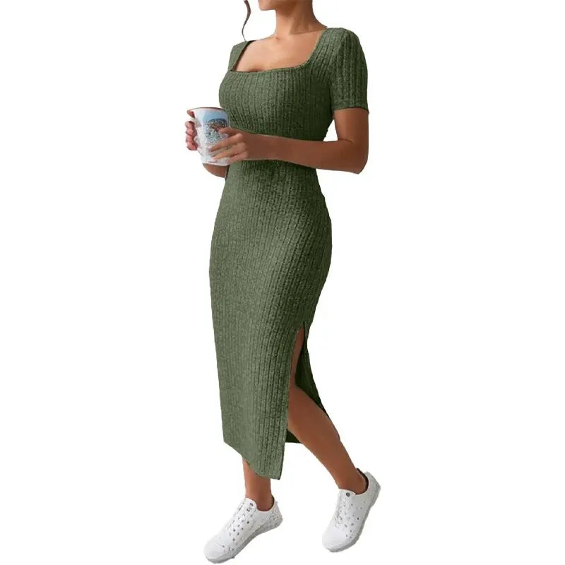 Summer Square Neck Knitted Slit Dress