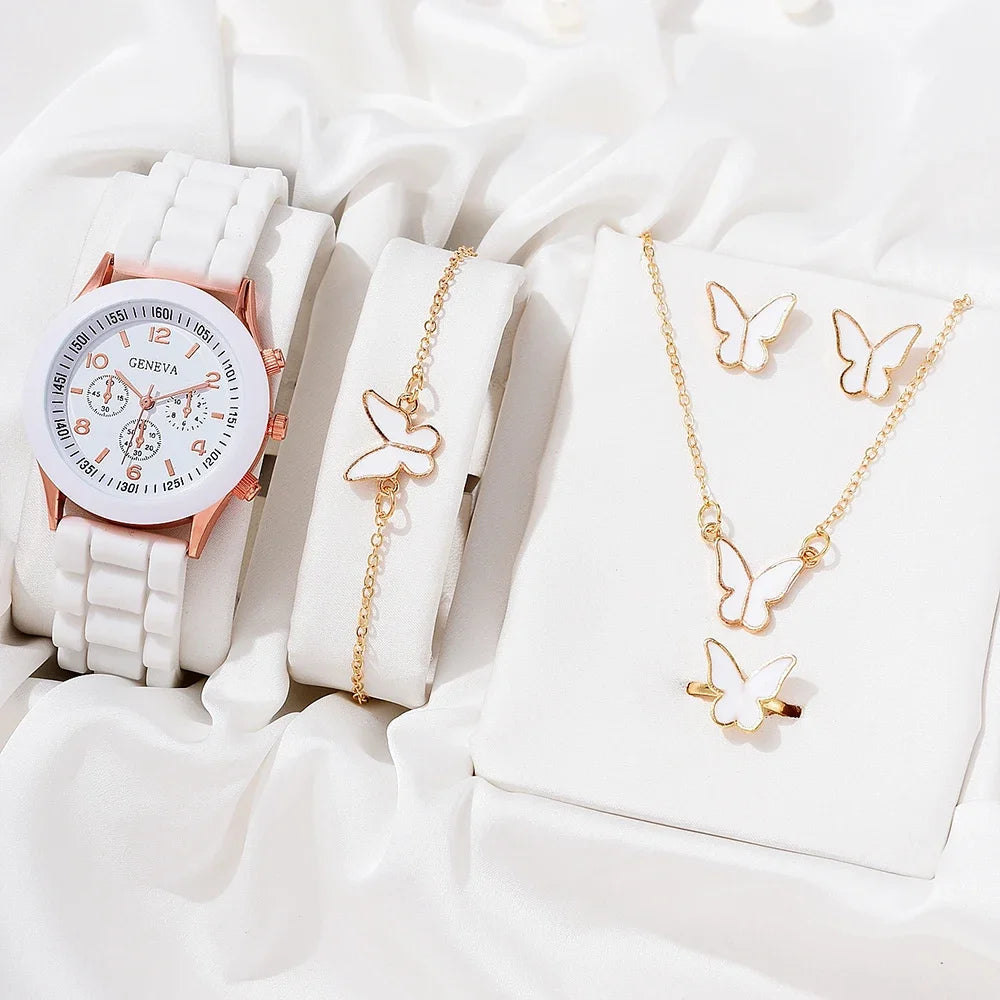 Butterfly Silicone Strap Ladies Quartz Watch & Jewelry Set
