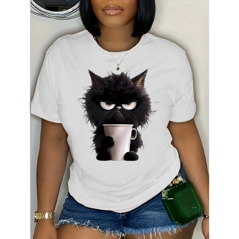 Women's Cat Print Crew Neck Short Sleeve T-Shirt