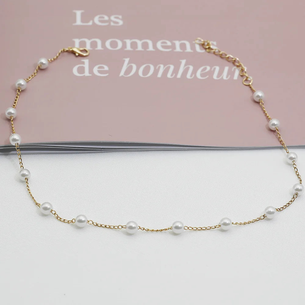 Beads Women's Neck Chain - Pearl Lace Gold Color Goth Choker