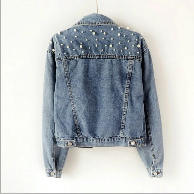 2024 Women's Short Denim Jacket Beaded Pearl Jacket Loose Spring and Autumn New Denim Jacket