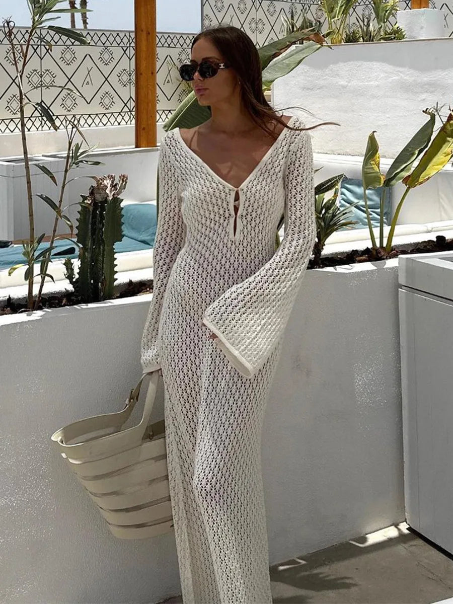 Sexy White Knit Beach Cover-Up with Deep V-Neck