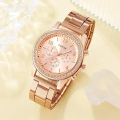 Rhinestone Rose Gold Watch & Elegant Jewelry Set for Women