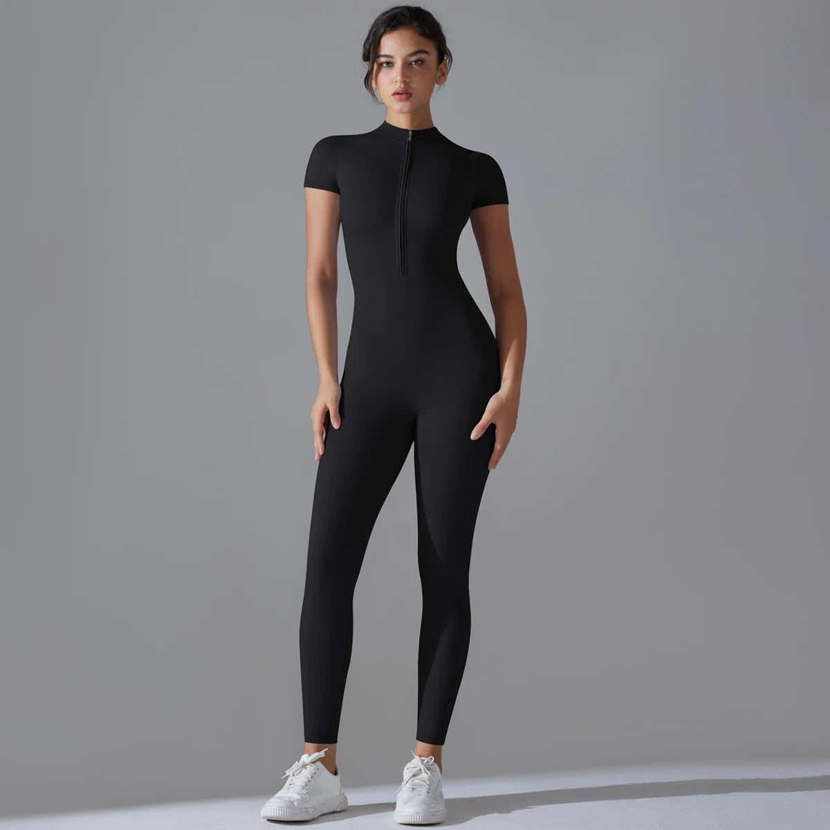 Women's Short Sleeve Zipper Yoga Jumpsuit