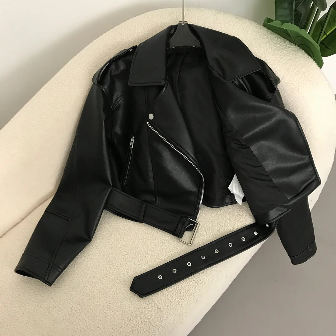 New Spring Woman Faux Leather Jacket Chic Vintage American street wear Short Lapel Zipper Belt Biker Coats Fashion Streetwear