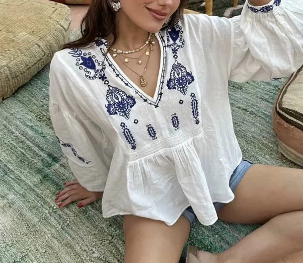 2024 Women's Casual V-Neck Beaded Embroidery Shirt