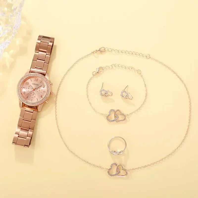 Rhinestone Rose Gold Watch & Elegant Jewelry Set for Women