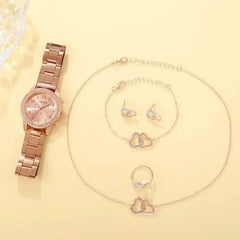 Rhinestone Rose Gold Watch & Elegant Jewelry Set for Women