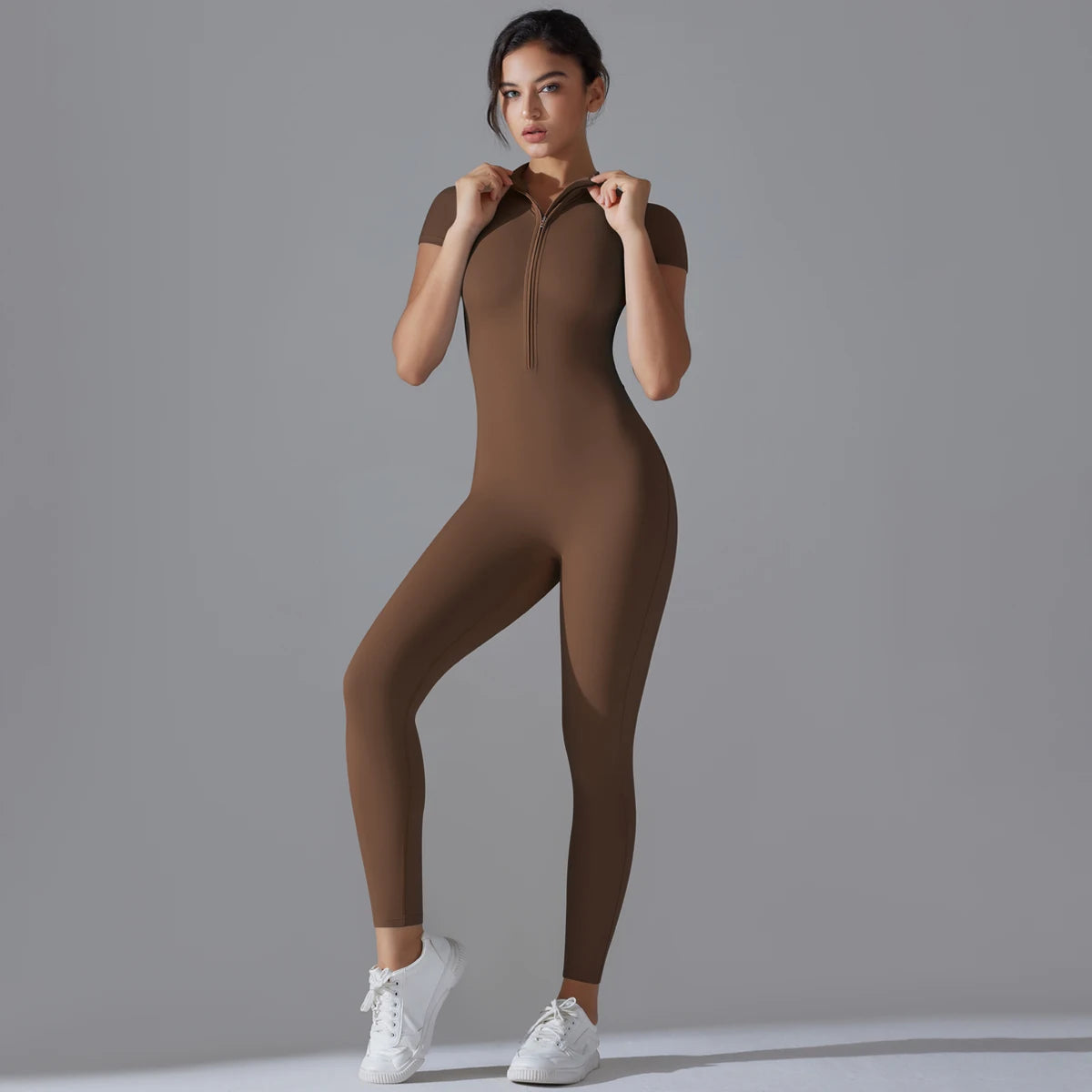 Women's Short Sleeve Zipper Yoga Jumpsuit