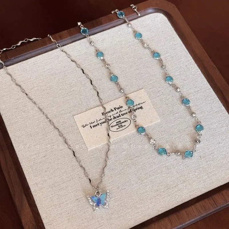 Romantic Blue Crystal Butterfly Necklace for Women