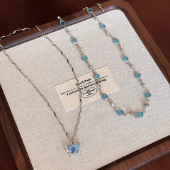 Romantic Blue Crystal Butterfly Necklace for Women