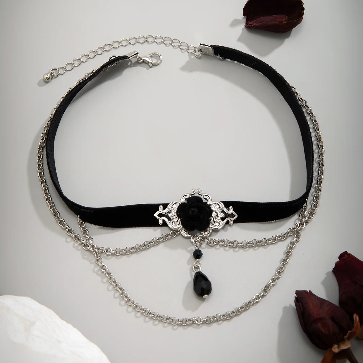 Punk Black Cotton Rope Choker with Tassels & Crystals