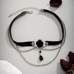 Punk Black Cotton Rope Choker with Tassels & Crystals