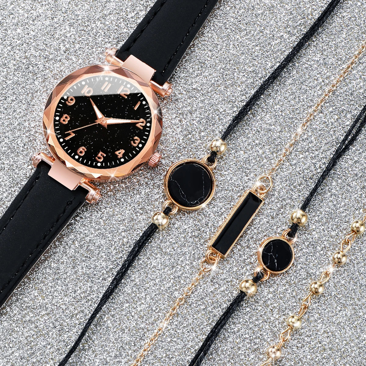 Women's Leather Band Analog Quartz Watch & Bracelet Set
