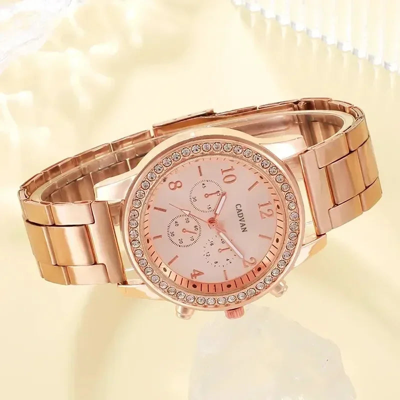 Rhinestone Rose Gold Watch & Elegant Jewelry Set for Women