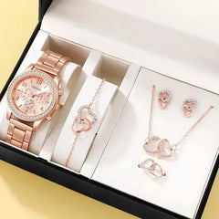 Rhinestone Rose Gold Watch & Elegant Jewelry Set for Women
