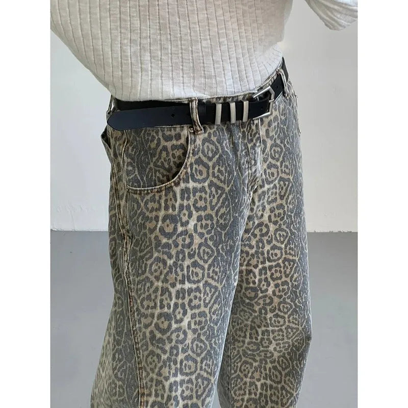 Women's High Waist Leopard Straight Leg Y2K Denim Pants