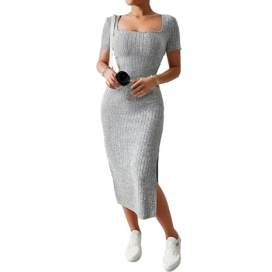 Summer Square Neck Knitted Slit Dress