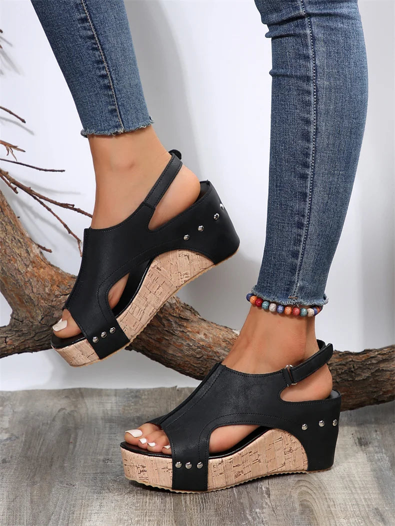 Women's Black Wedge Sandals with Buckle