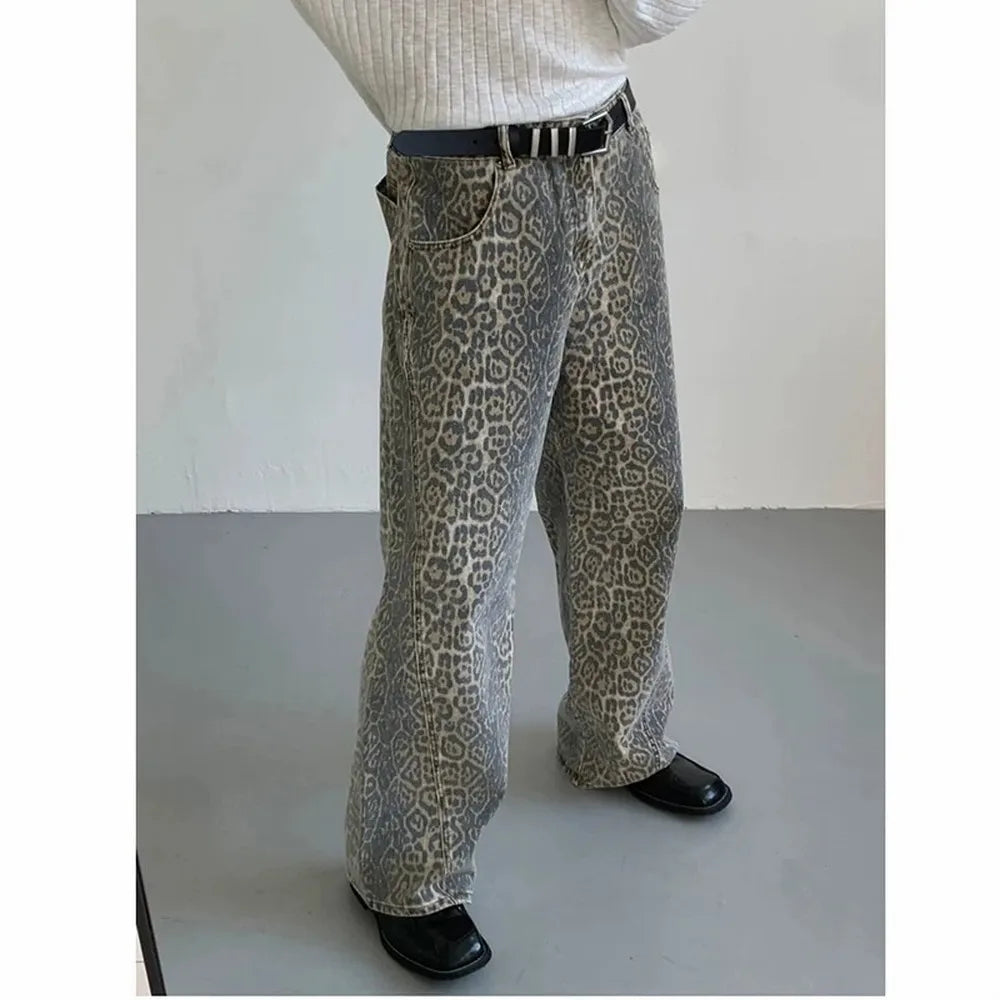 Women's High Waist Leopard Straight Leg Y2K Denim Pants