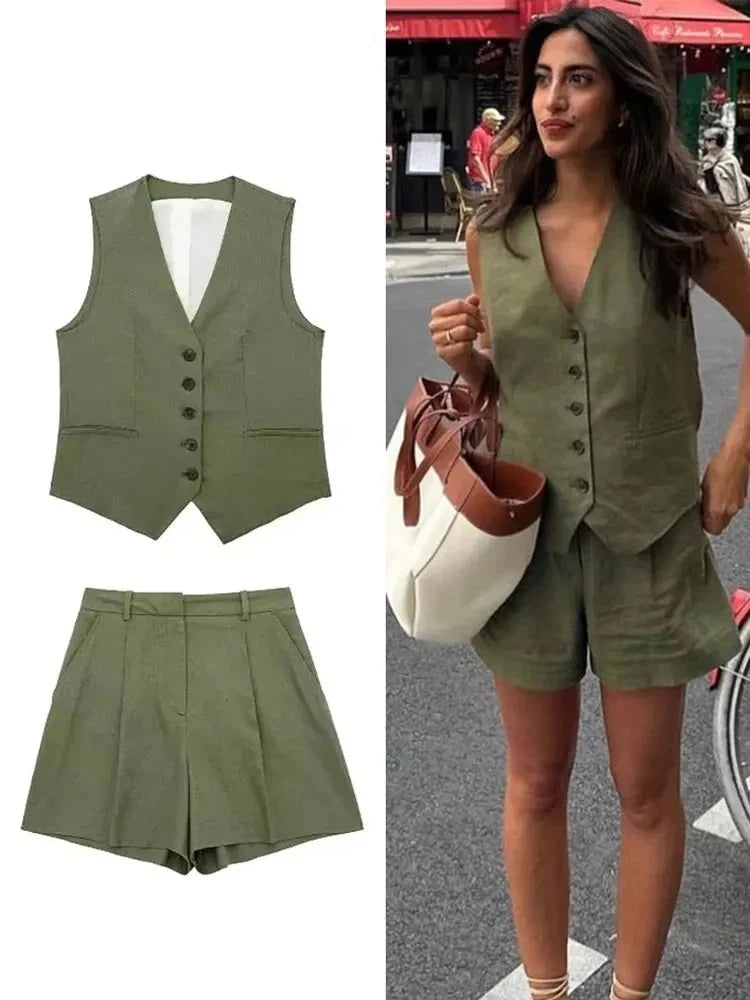 Women's Elegant Waistcoat & Shorts Office Suit Set