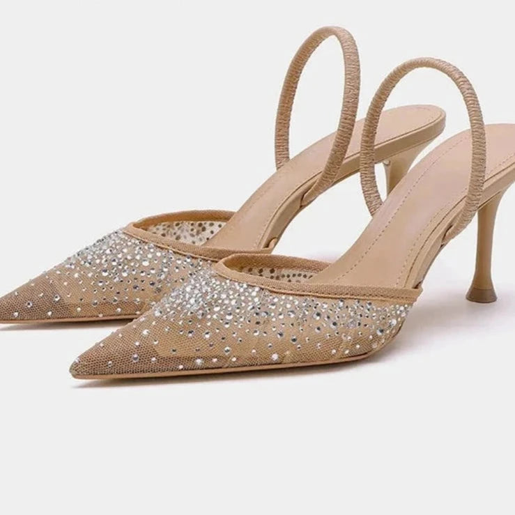 Elegant Rhinestone Mesh Slingback High Heel Sandals