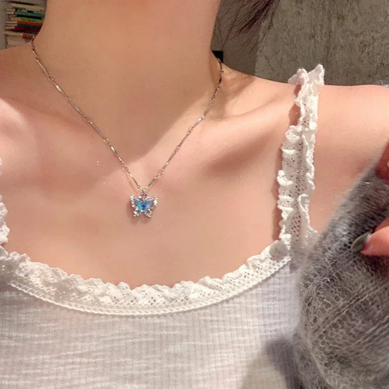 Romantic Blue Crystal Butterfly Necklace for Women