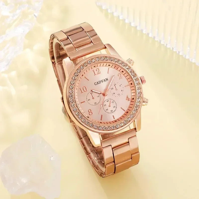 Rhinestone Rose Gold Watch & Elegant Jewelry Set for Women