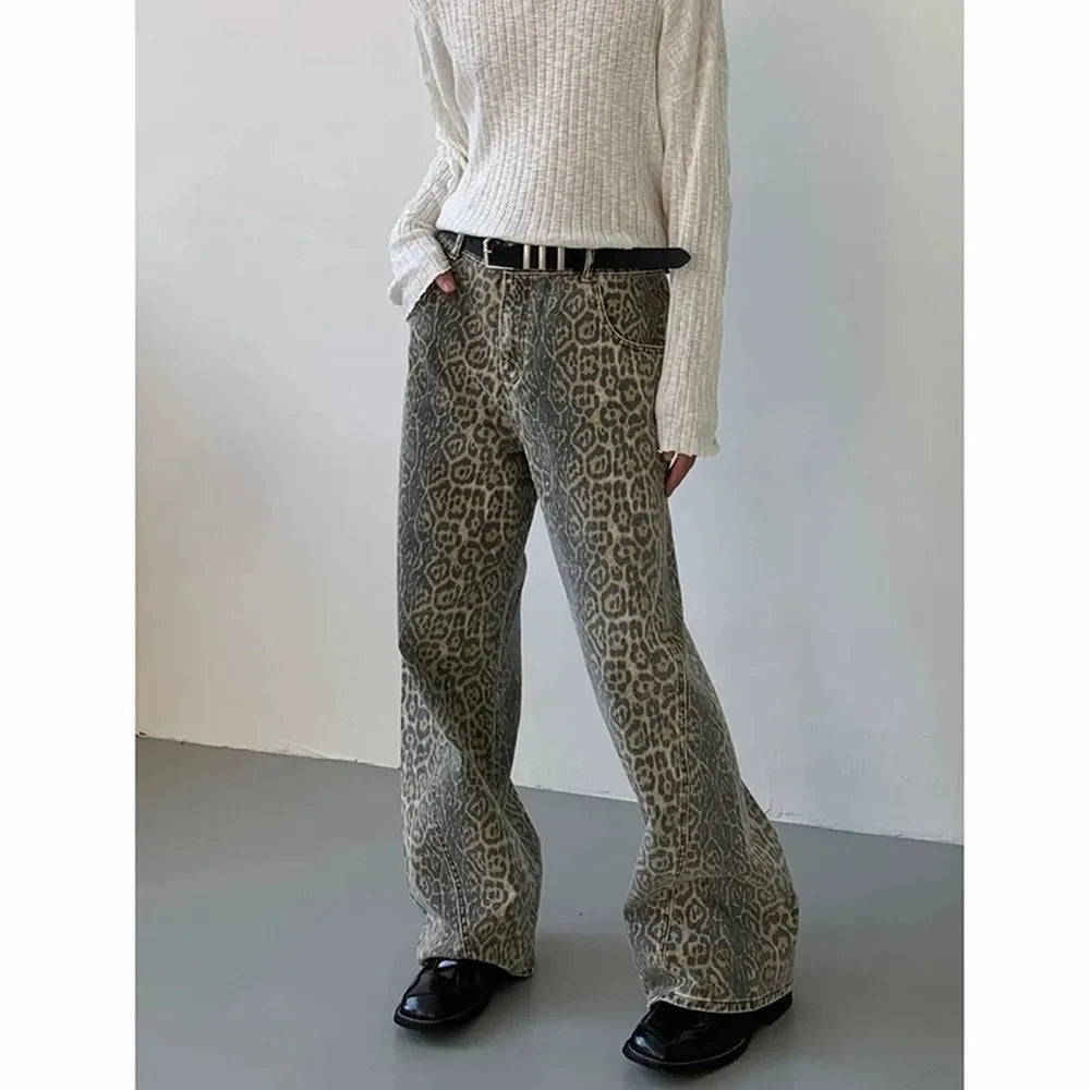 Women's High Waist Leopard Straight Leg Y2K Denim Pants