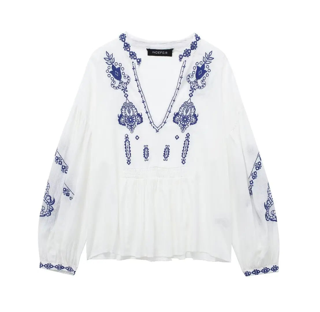 2024 Women's Casual V-Neck Beaded Embroidery Shirt