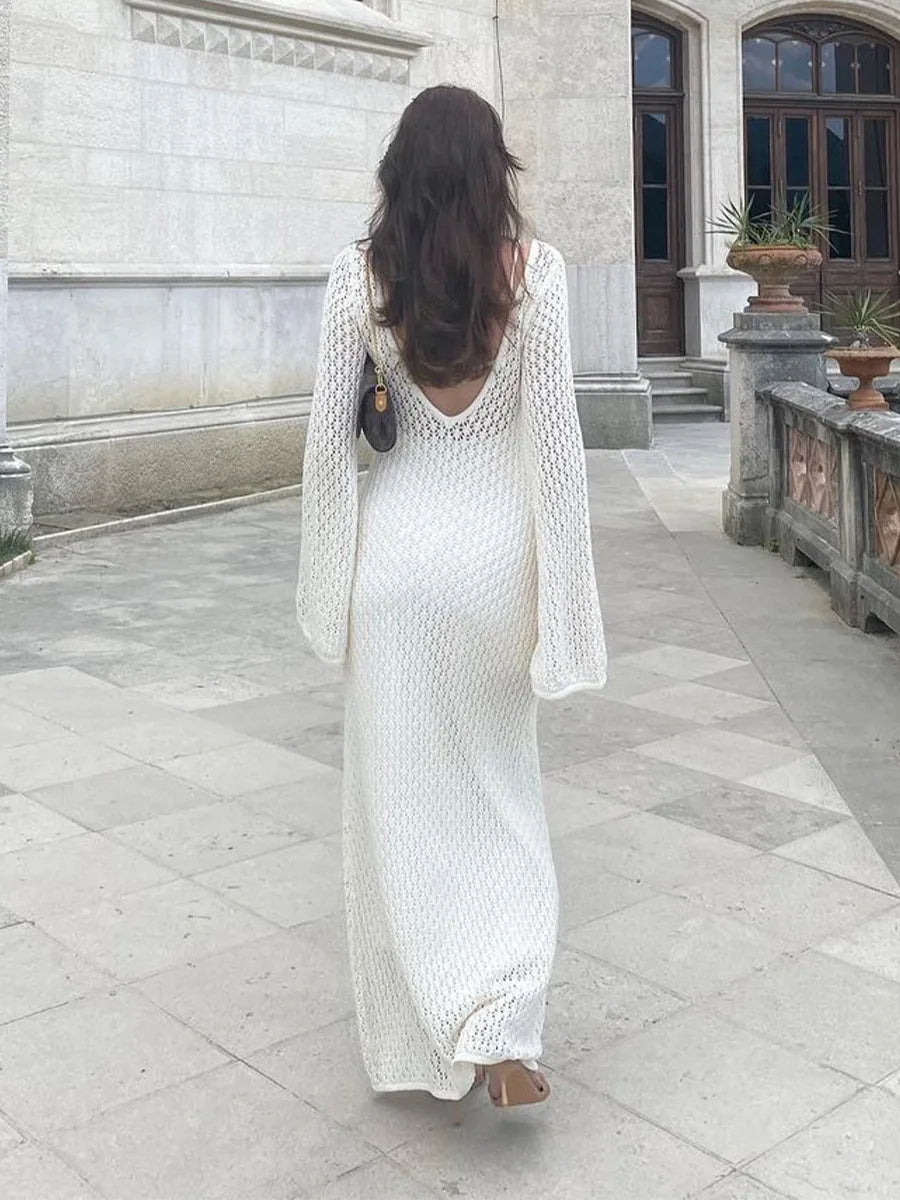 Sexy White Knit Beach Cover-Up with Deep V-Neck