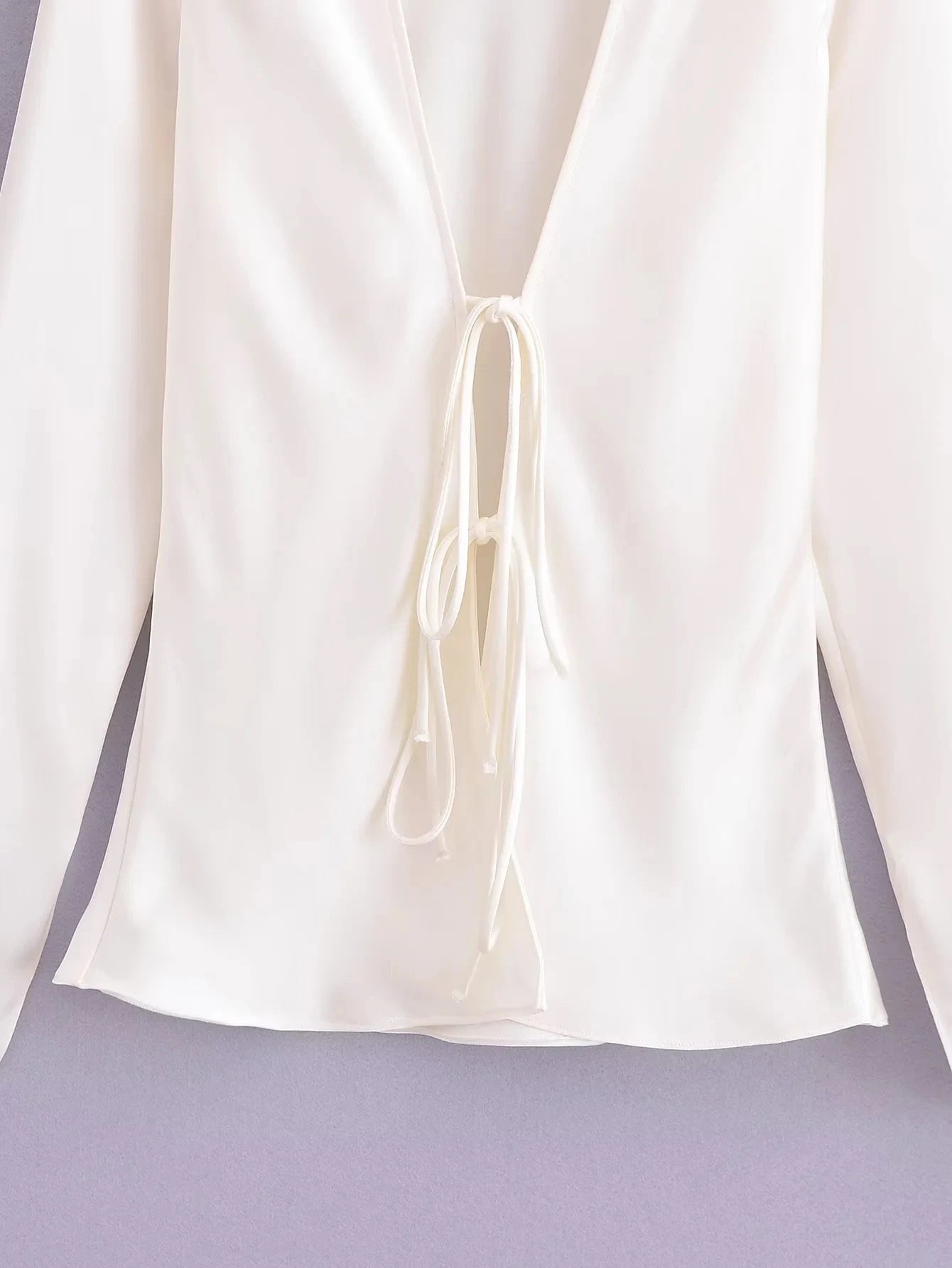 Satin White V-Neck Bow Tie Blouse for Women