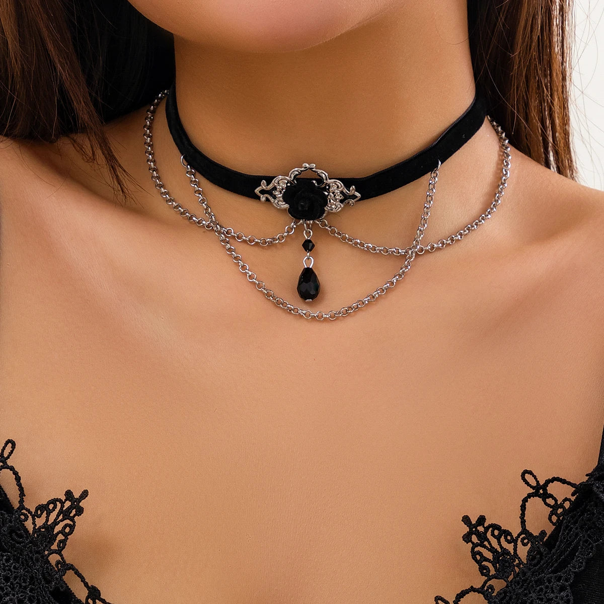 Punk Black Cotton Rope Choker with Tassels & Crystals