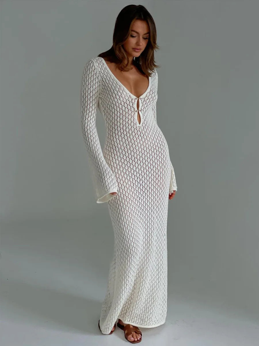 Sexy White Knit Beach Cover-Up with Deep V-Neck