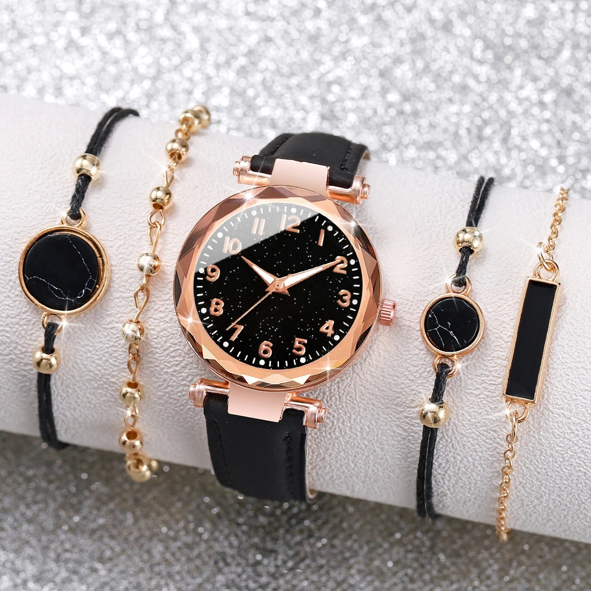 Women's Leather Band Analog Quartz Watch & Bracelet Set