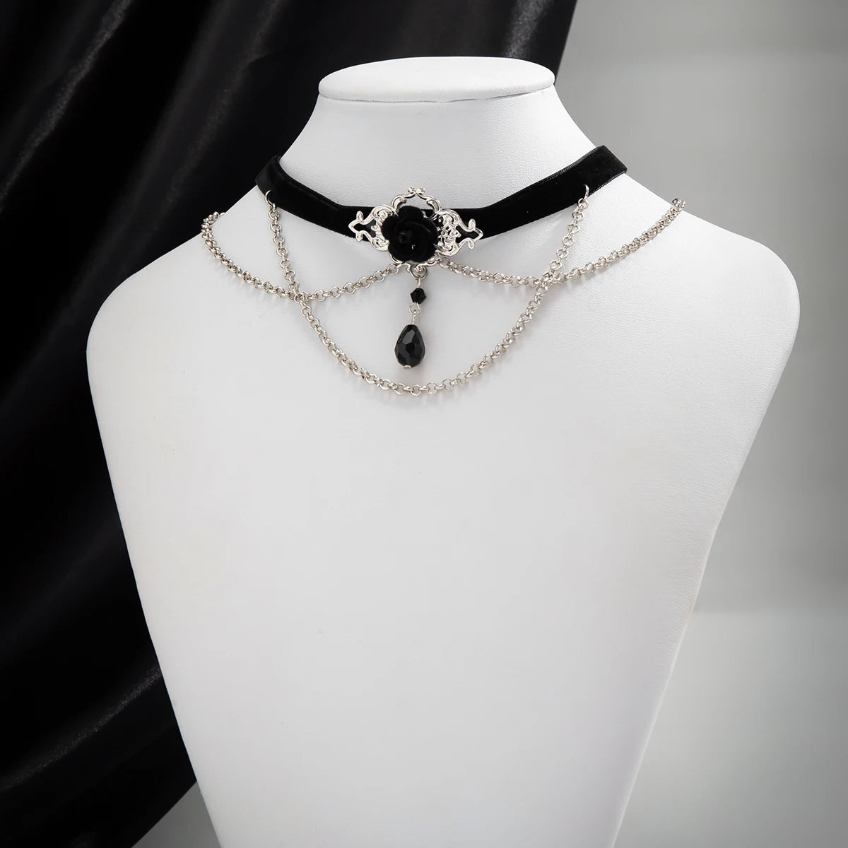 Punk Black Cotton Rope Choker with Tassels & Crystals