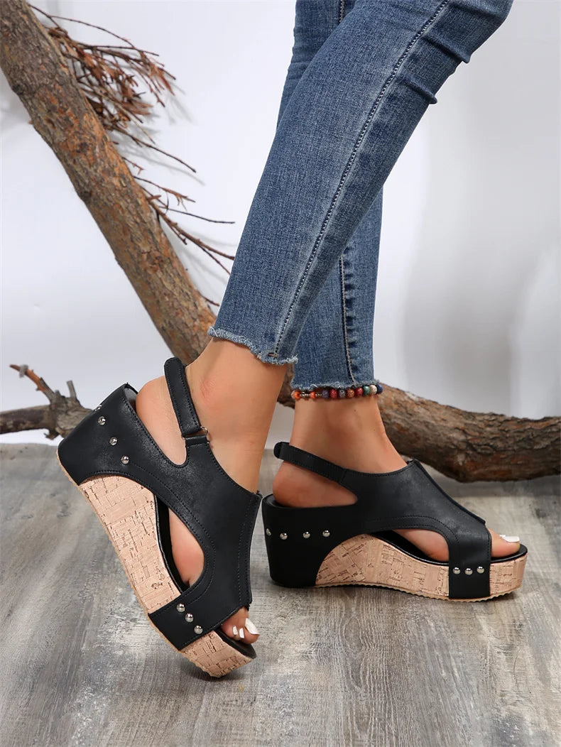 Women's Black Wedge Sandals with Buckle