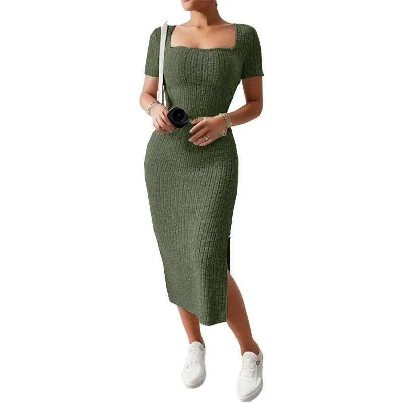 Summer Square Neck Knitted Slit Dress