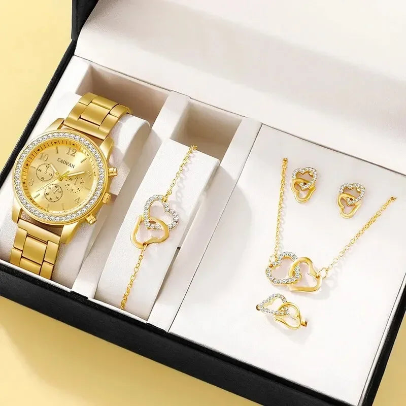 Rhinestone Rose Gold Watch & Elegant Jewelry Set for Women