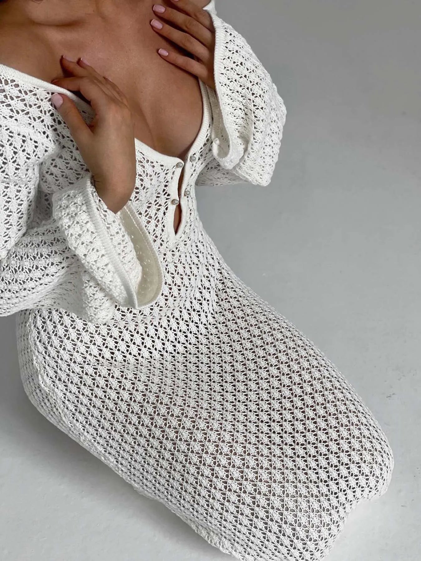 Sexy White Knit Beach Cover-Up with Deep V-Neck