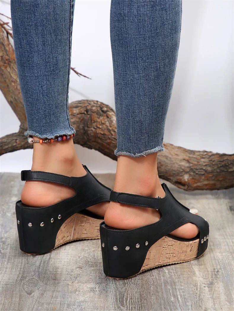 Women's Black Wedge Sandals with Buckle