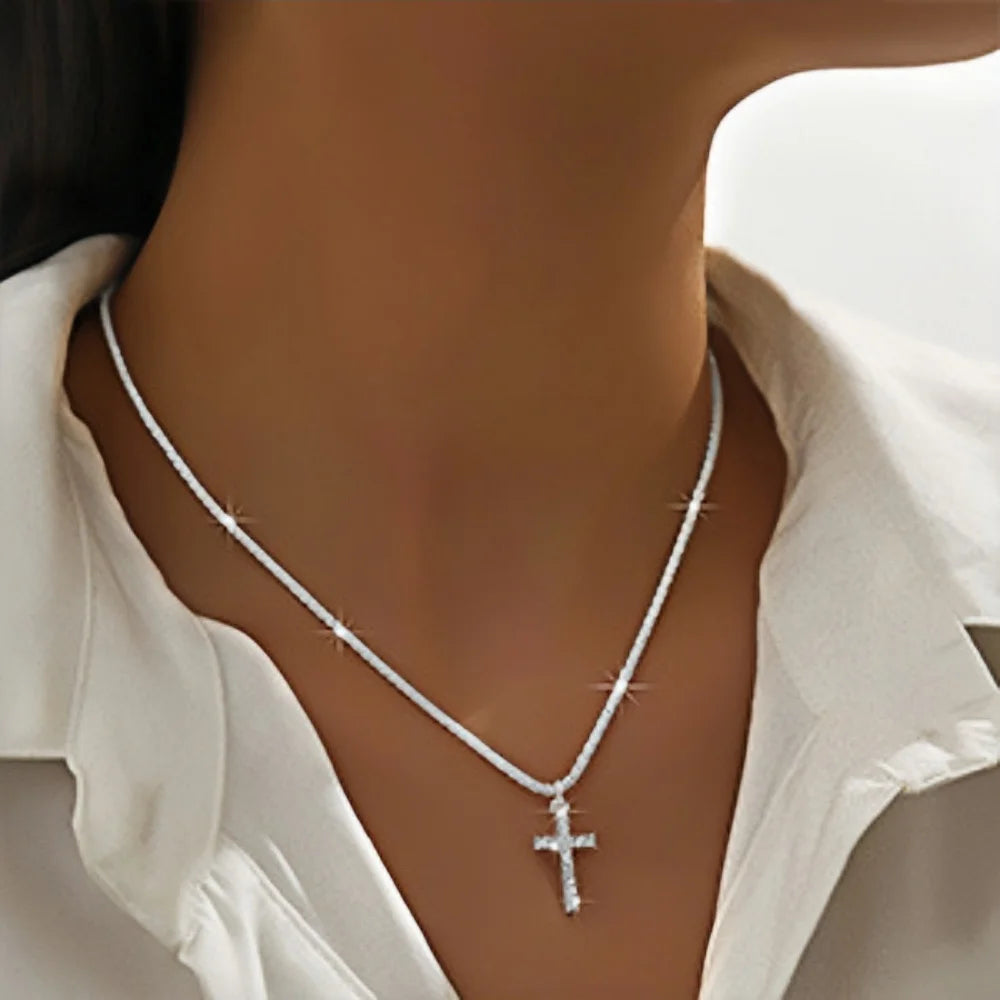 Crystal Cross Necklace with Star Accents - Collar Choker