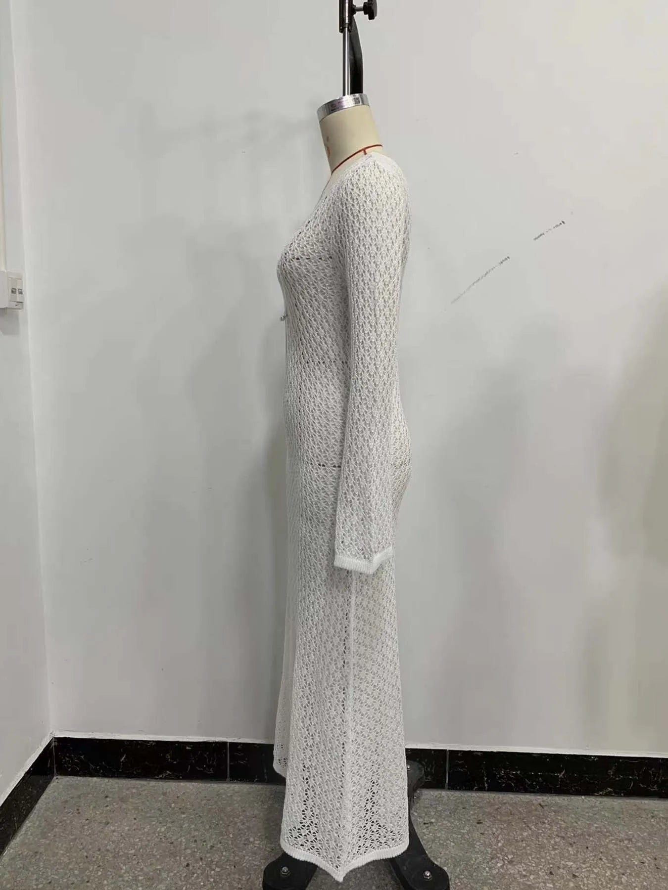 Sexy White Knit Beach Cover-Up with Deep V-Neck