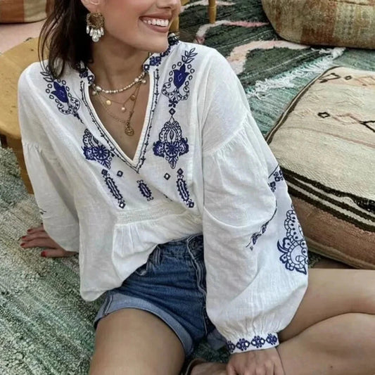 2024 Women's Casual V-Neck Beaded Embroidery Shirt