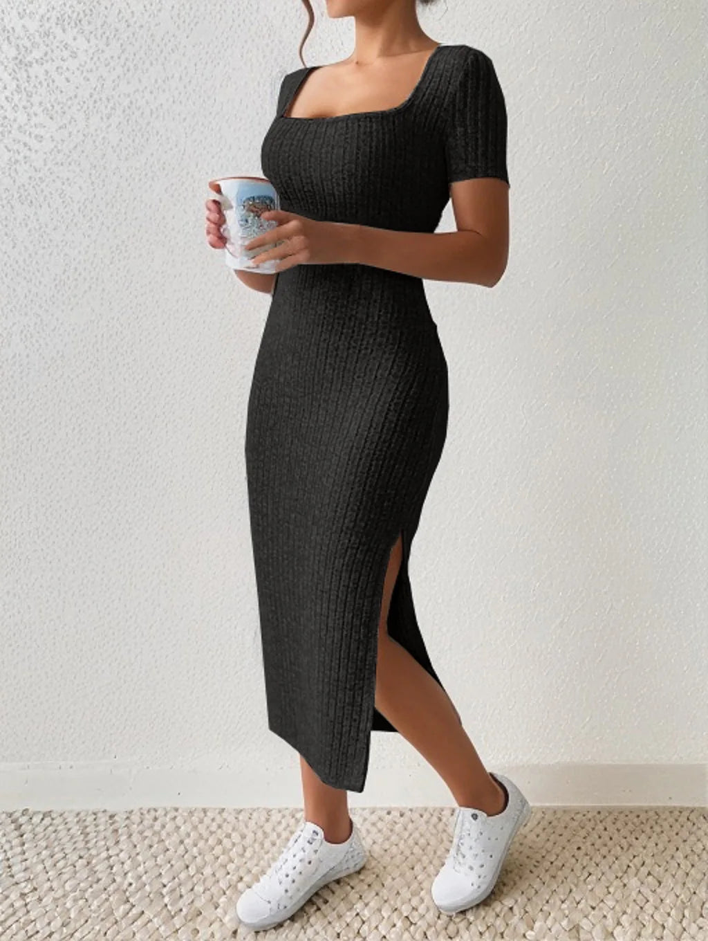 Summer Square Neck Knitted Slit Dress