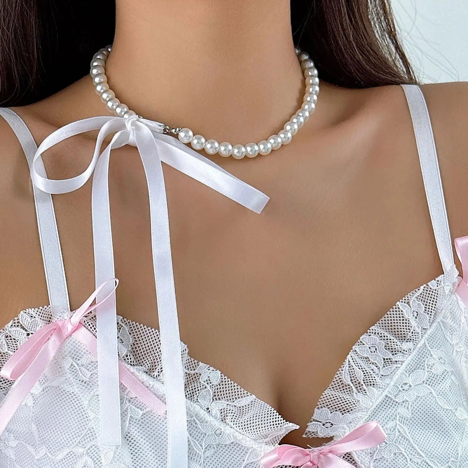 Imitation Pearl Choker Necklace with Bow Tie
