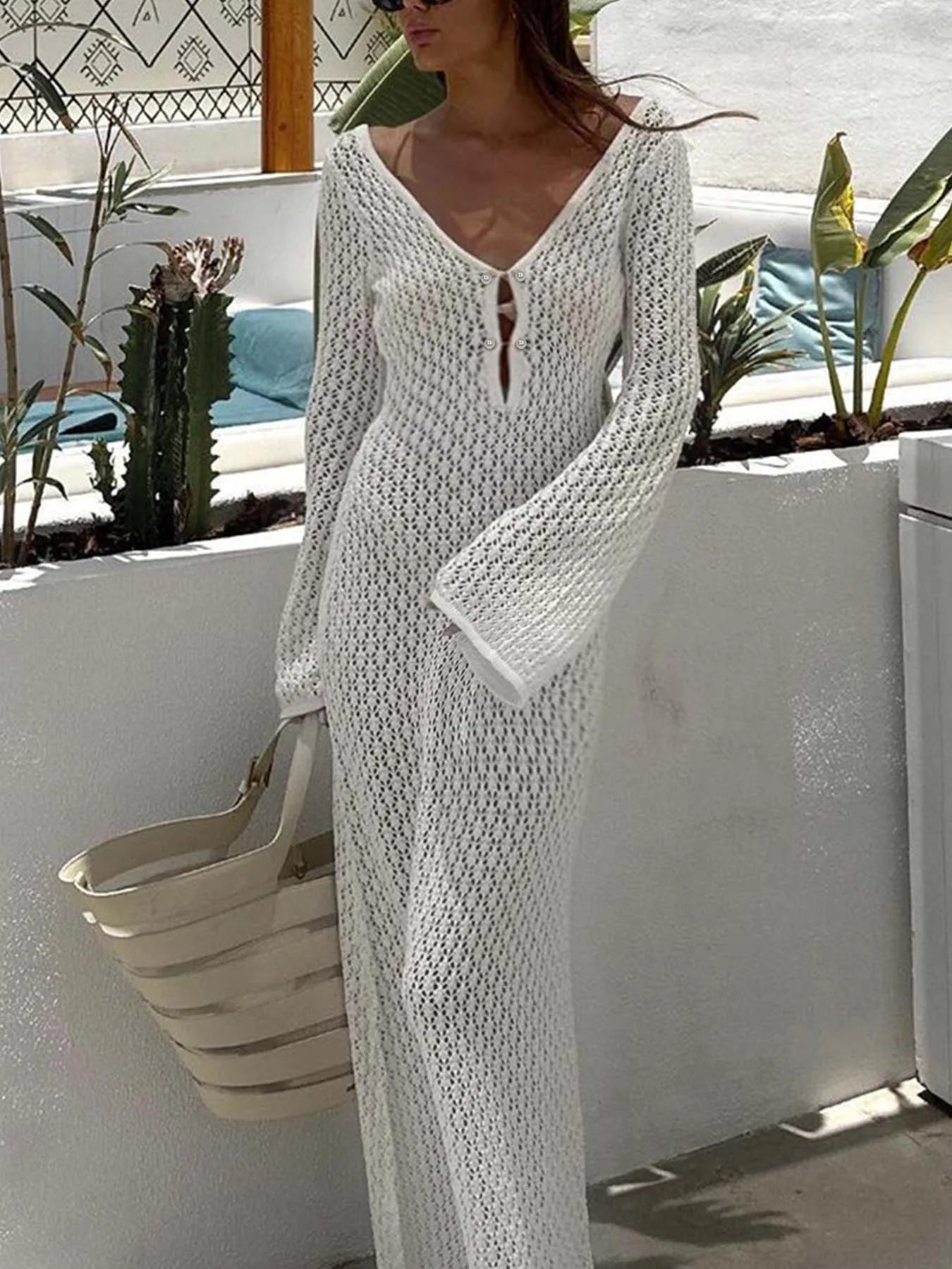 Sexy White Knit Beach Cover-Up with Deep V-Neck