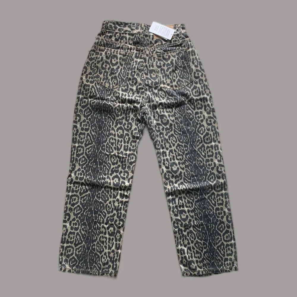 Women's High Waist Leopard Straight Leg Y2K Denim Pants