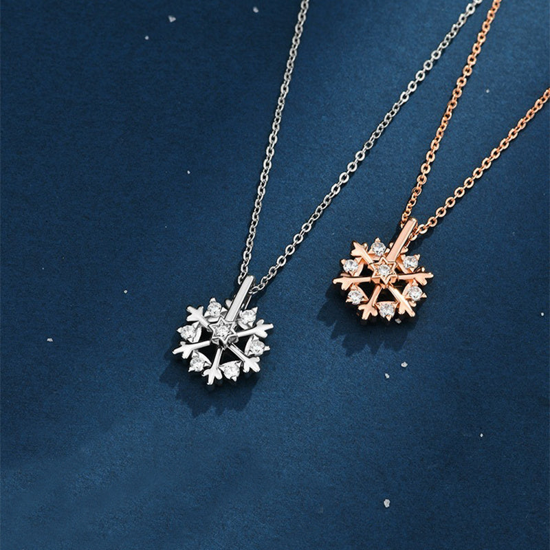 Shiny Rhinestone Rotatable Snowflake Necklace - 925 Silver, Birthday Gift