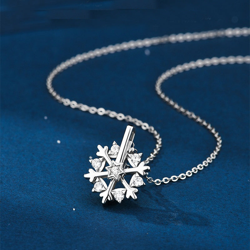 Shiny Rhinestone Rotatable Snowflake Necklace - 925 Silver, Birthday Gift